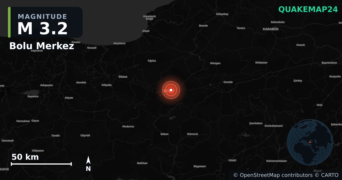 M3.2 earthquake near Bolu Merkez on Sep 26, 2025 — map of epicenter and shaking intensity | QuakeMap24