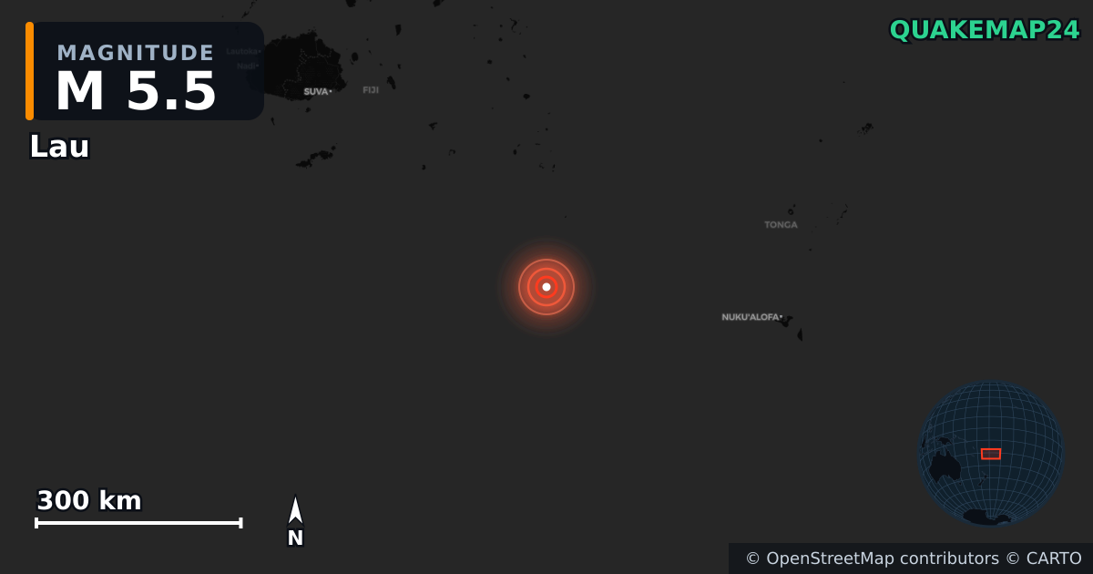 M5.5 earthquake near Lau on Jul 14, 2026 — map of epicenter and shaking intensity | QuakeMap24
