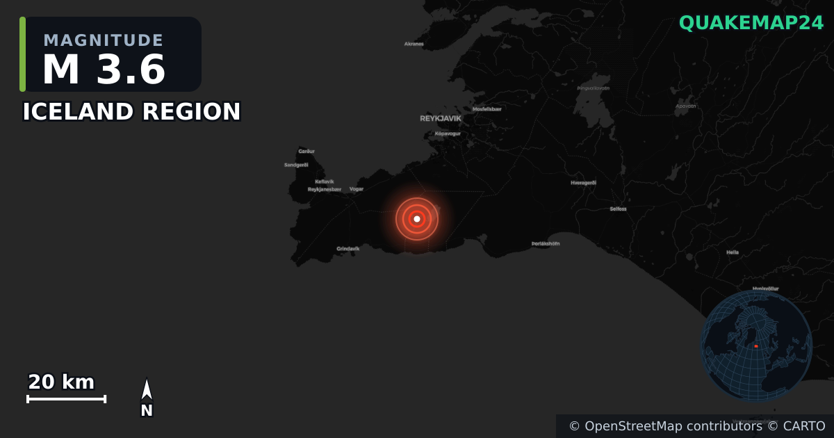 M3.6 earthquake near ICELAND REGION on Oct 22, 2025 — map of epicenter and shaking intensity | QuakeMap24