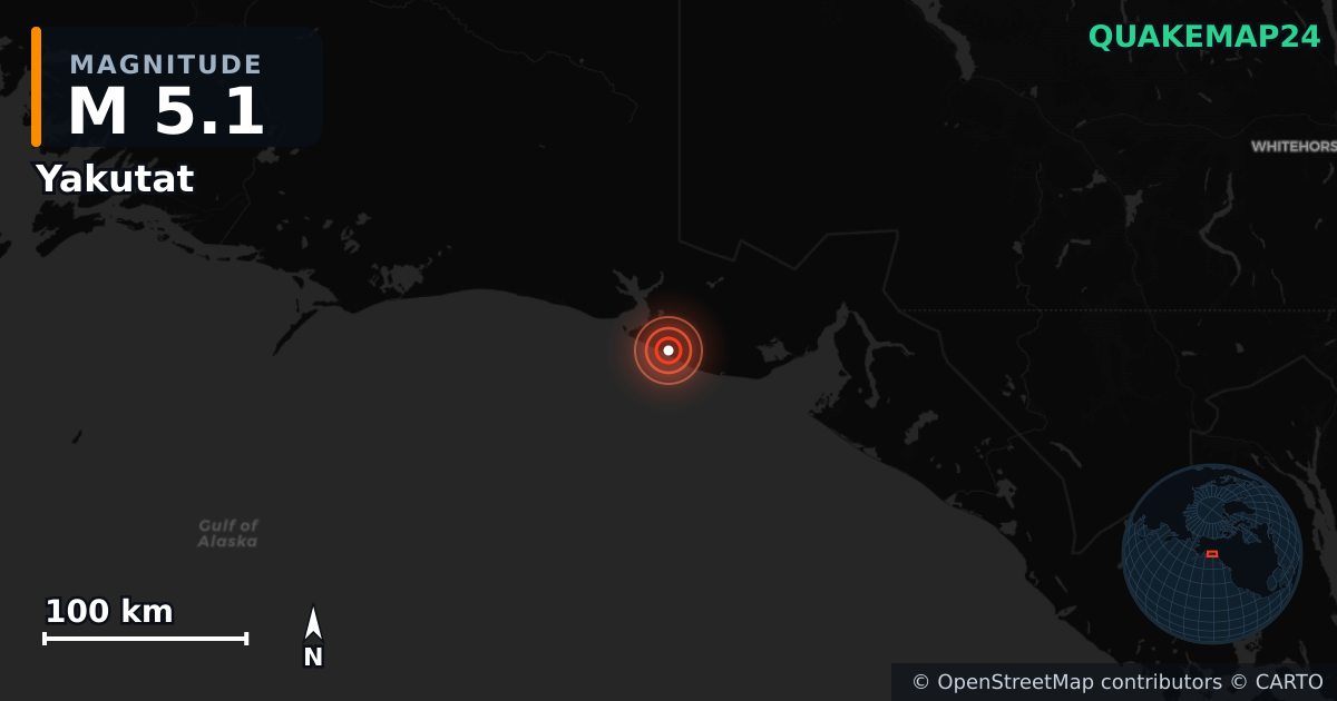 M5.1 earthquake near Yakutat on Jan 1, 2026 — map of epicenter and shaking intensity | QuakeMap24