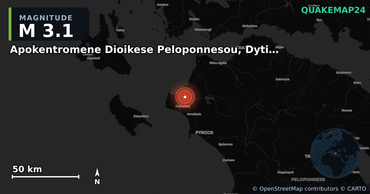 M3.1 earthquake near Apokentromene Dioikese Peloponnesou, Dytikes Elladas kai Ioniou on Jun 22, 2025 — map of epicenter and shaking intensity | QuakeMap24
