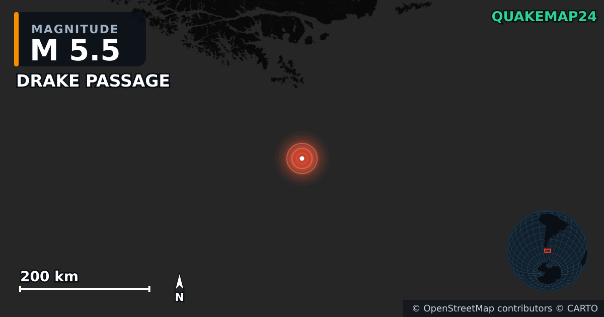 DRAKE PASSAGE yakınında M5,5 deprem — Deprem merkez üssünün konumunu gösteren harita