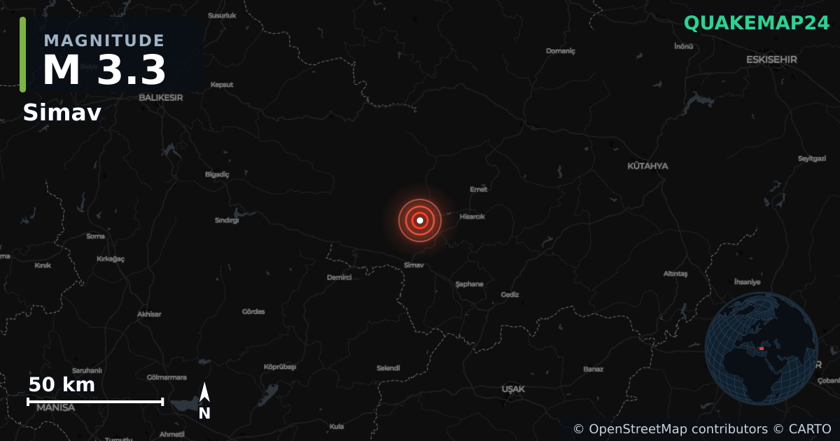 Terremoto de M3,3 cerca de Simav (Turquía) · 2025-11-28 — Mapa de la ubicación del epicentro