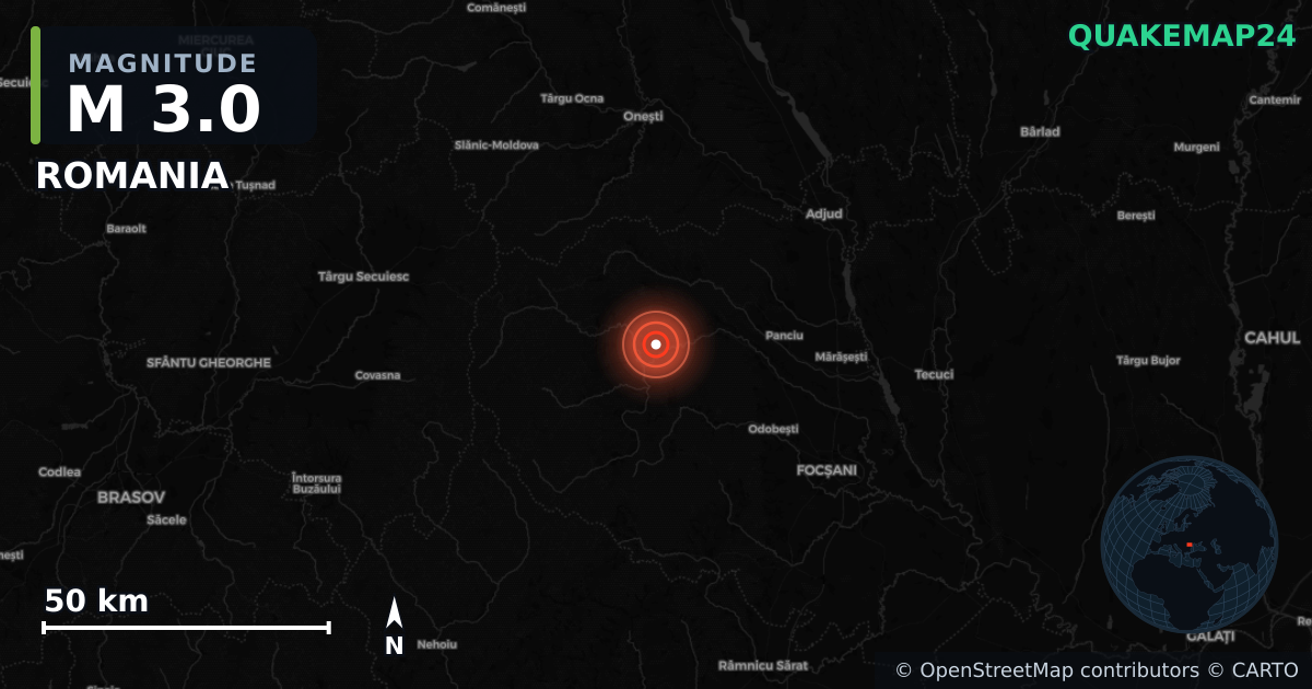 M3.0 earthquake near ROMANIA on Apr 27, 2025 — map of epicenter and shaking intensity | QuakeMap24