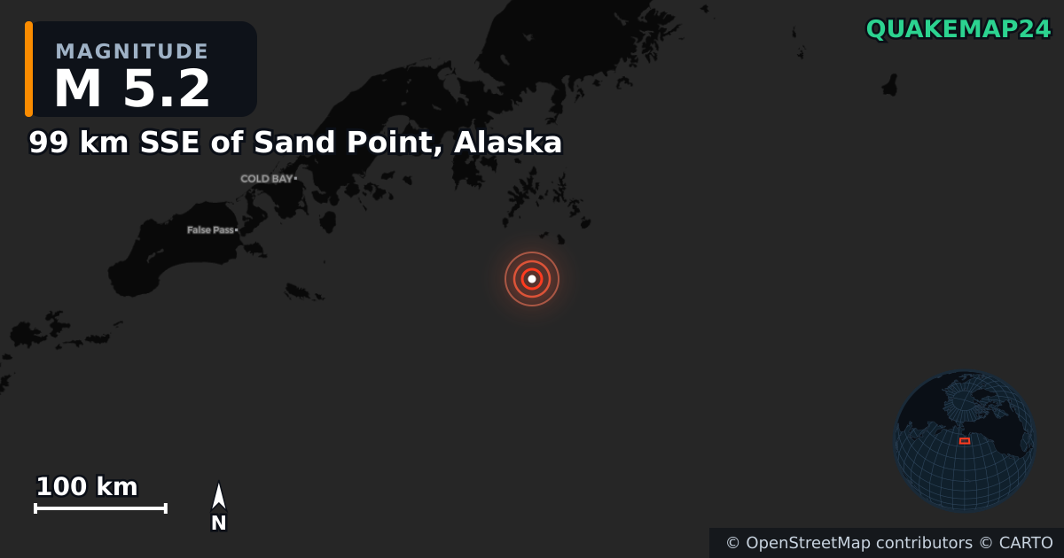 M5.2 earthquake near 99 km SSE of Sand Point, Alaska on Jul 17, 2025 — map of epicenter and shaking intensity | QuakeMap24