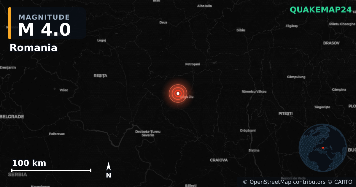 M4.0 earthquake near Romania on Aug 22, 2025 — map of epicenter and shaking intensity | QuakeMap24