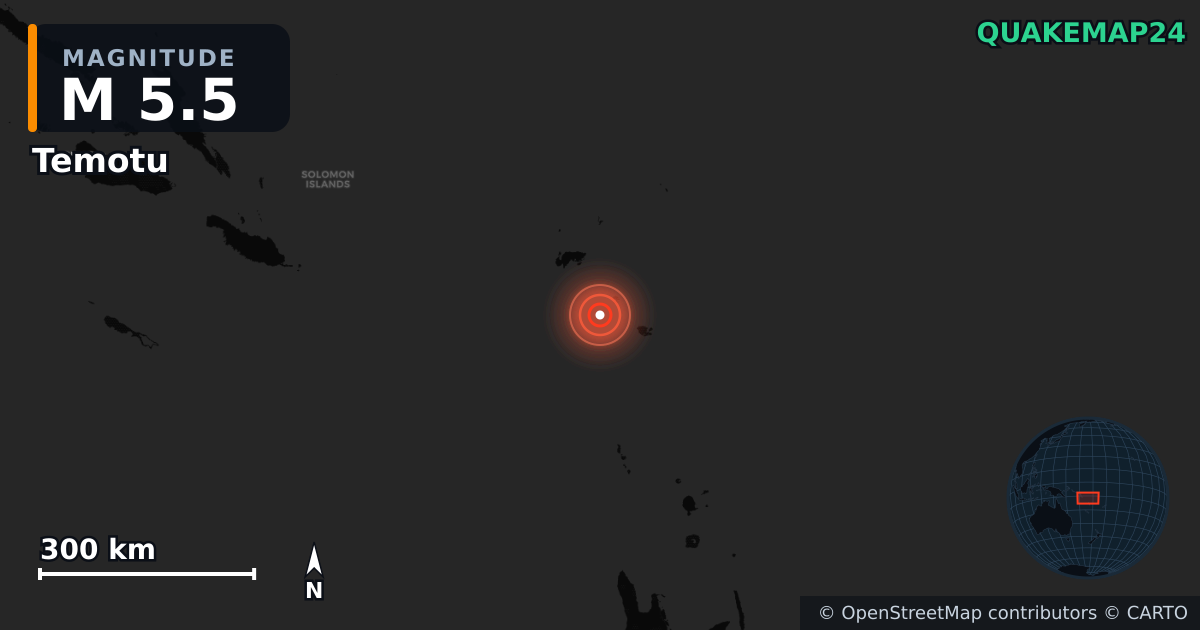 M5.5 earthquake near Temotu on Aug 30, 2025 — map of epicenter and shaking intensity | QuakeMap24