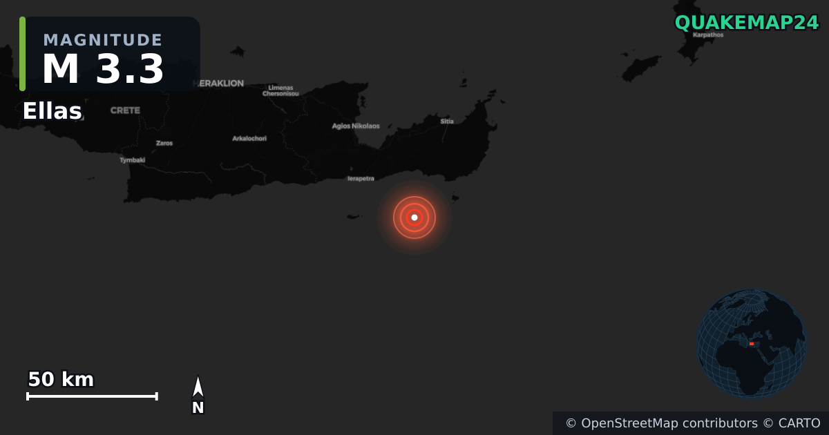 M3.3 earthquake near Ellas on Apr 25, 2026 — map of epicenter and shaking intensity | QuakeMap24