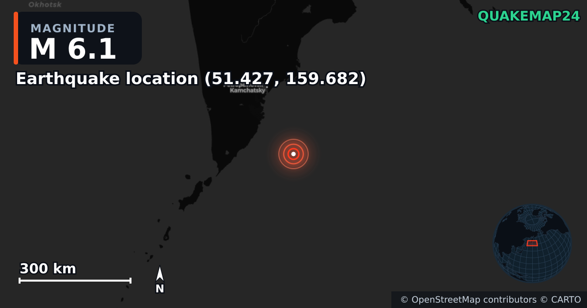 M6.1 earthquake near Deprem konumu (51.427, 159.682) on Sep 22, 2025 — map of epicenter and shaking intensity | QuakeMap24