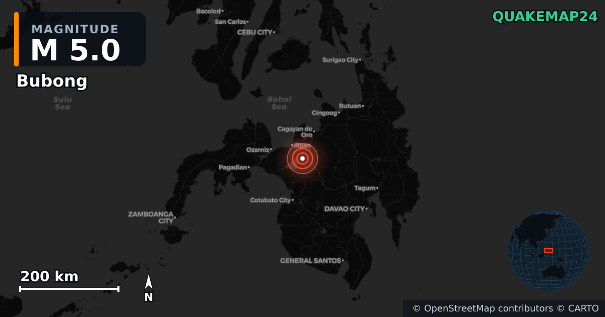 M5.0 earthquake near Bubong on Jan 28, 2026 — map of epicenter and shaking intensity | QuakeMap24