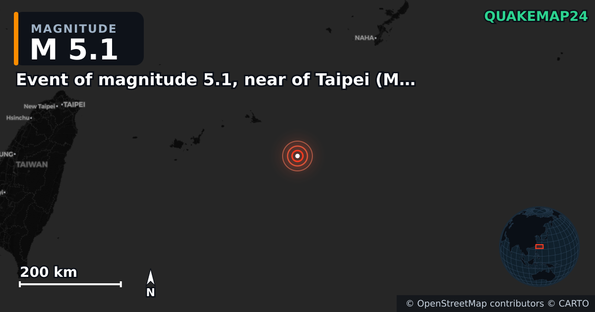 Event of magnitude 5.1, near of Taipei (Monde) yakınında M5,1 deprem — Deprem merkez üssünün konumunu gösteren harita