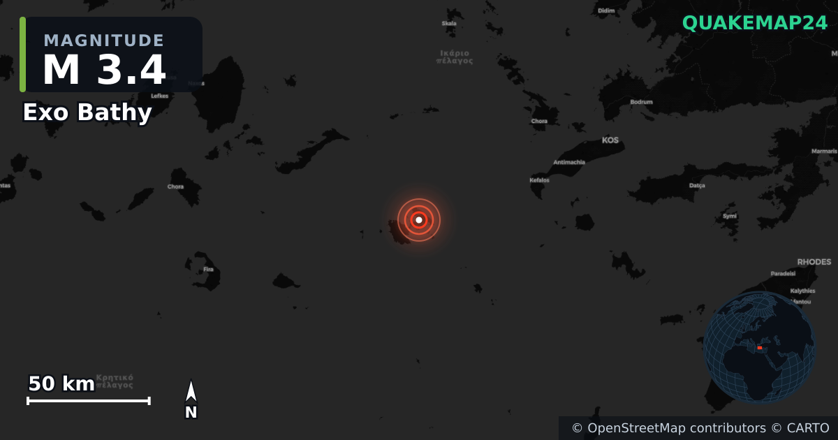 M3.4 earthquake near Exo Bathy on Nov 7, 2025 — map of epicenter and shaking intensity | QuakeMap24