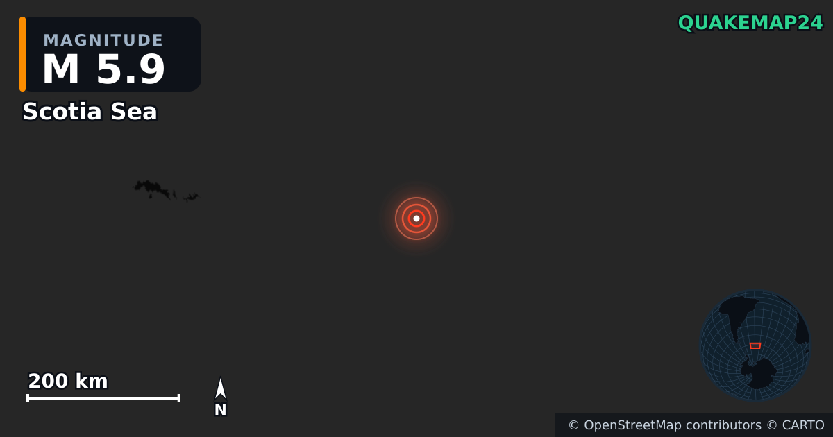 M5.9 Earthquake near Scotia Sea · 2025-06-28 — Map showing the location of the epicenter
