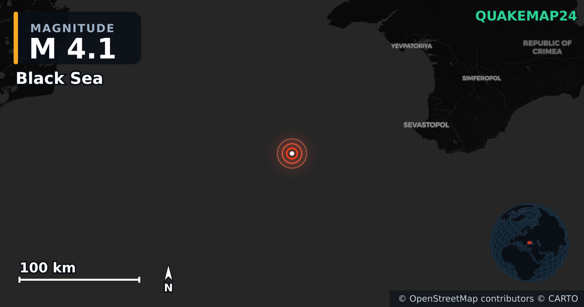 M4.1 earthquake near Black Sea on Jun 22, 2026 — map of epicenter and shaking intensity | QuakeMap24