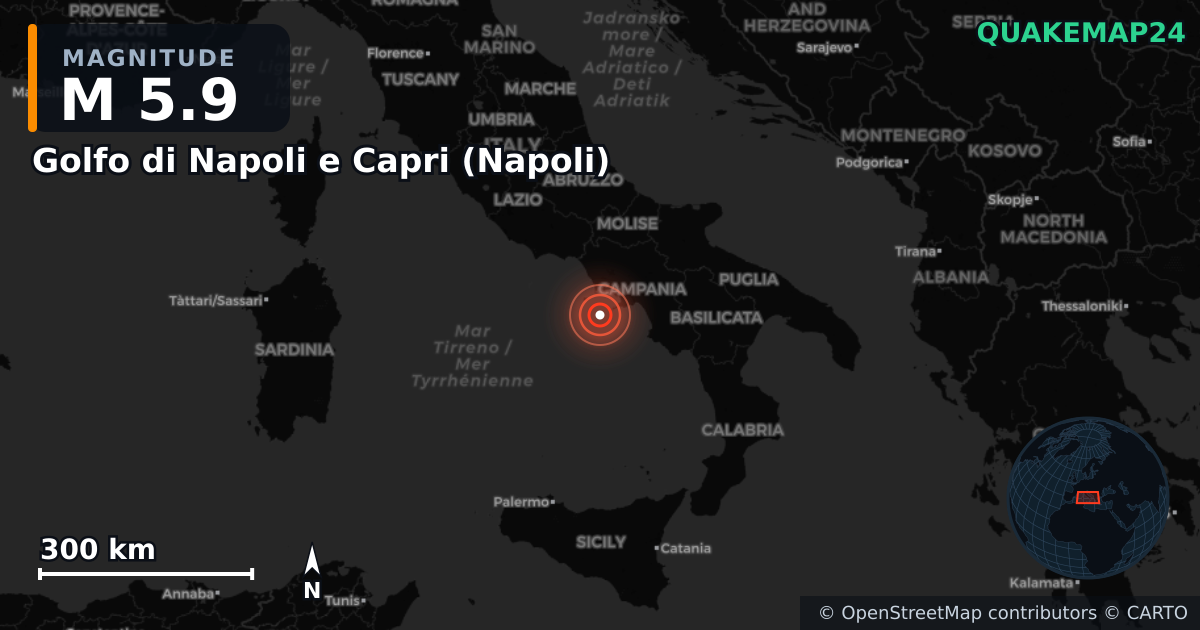 M5.9 earthquake near Golfo di Napoli e Capri (Napoli) on Mar 9, 2026 — map of epicenter and shaking intensity | QuakeMap24