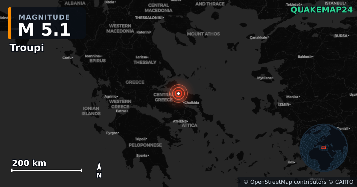 M5.1 earthquake near Troupi on Jun 7, 2026 — map of epicenter and shaking intensity | QuakeMap24
