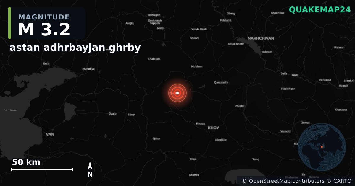 M3.2 earthquake near astan adhrbayjan ghrby on Dec 3, 2025 — map of epicenter and shaking intensity | QuakeMap24