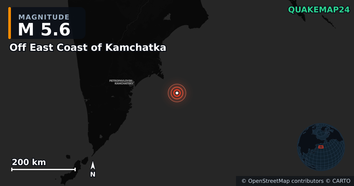 M5.6 earthquake near Off East Coast of Kamchatka on Sep 15, 2025 — map of epicenter and shaking intensity | QuakeMap24