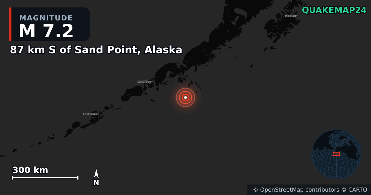 M7.2 earthquake near 87 km S of Sand Point, Alaska on Jul 16, 2025 — map of epicenter and shaking intensity | QuakeMap24