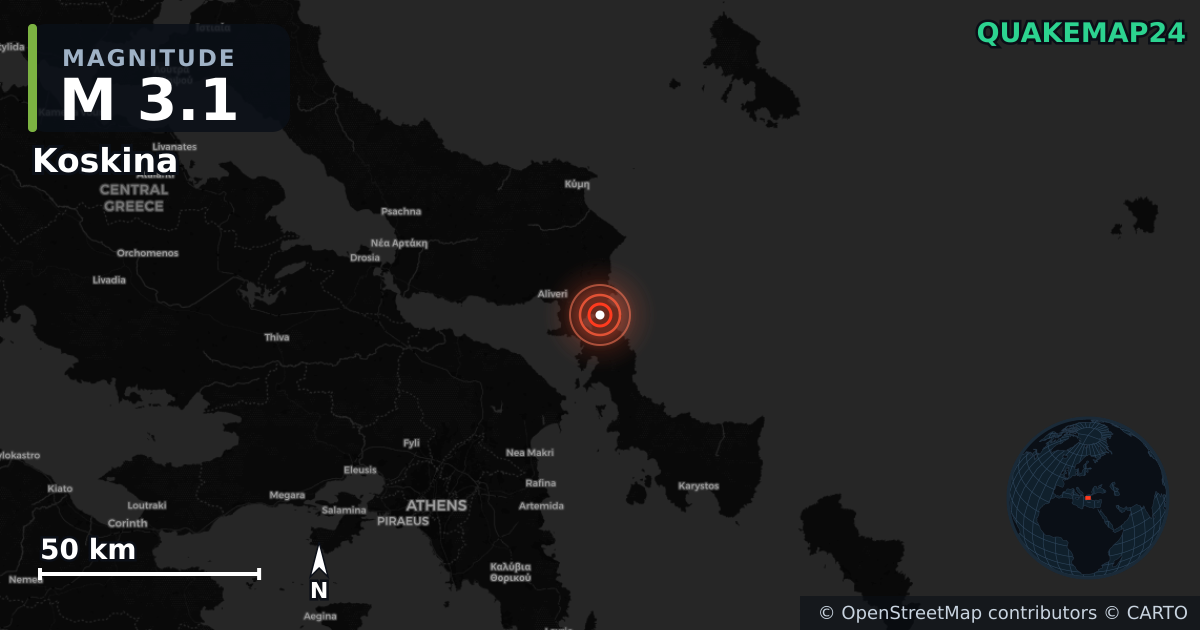 M3.1 earthquake near Koskina on Sep 26, 2025 — map of epicenter and shaking intensity | QuakeMap24