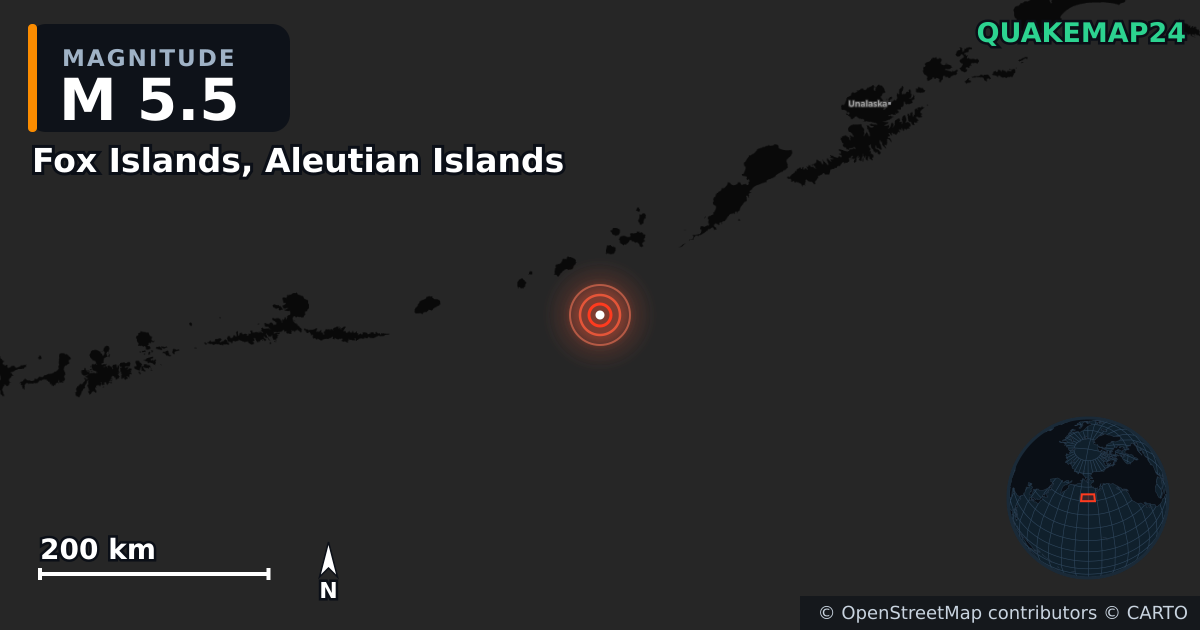 M5.5 earthquake near Fox Islands, Aleutian Islands on Aug 14, 2025 — map of epicenter and shaking intensity | QuakeMap24