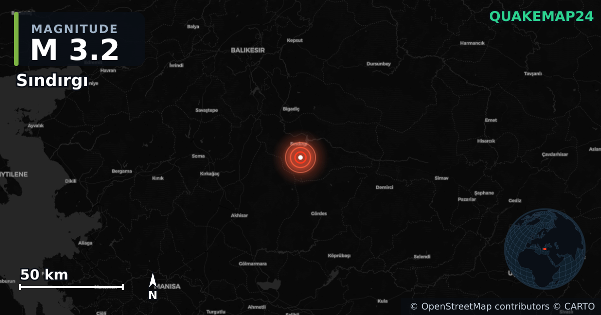 M3.2 earthquake near Sındırgı on Sep 3, 2025 — map of epicenter and shaking intensity | QuakeMap24