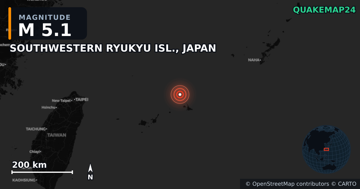 M5.1 earthquake near SOUTHWESTERN RYUKYU ISL., JAPAN on Feb 28, 2026 — map of epicenter and shaking intensity | QuakeMap24