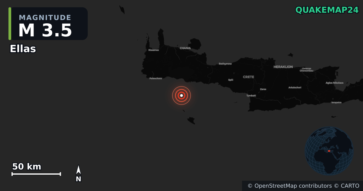M3.5 earthquake near Ellas on Jan 27, 2026 — map of epicenter and shaking intensity | QuakeMap24