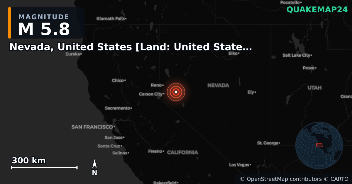 M5.8 earthquake near Nevada, United States [Land: United States] on Apr 14, 2026 — map of epicenter and shaking intensity | QuakeMap24
