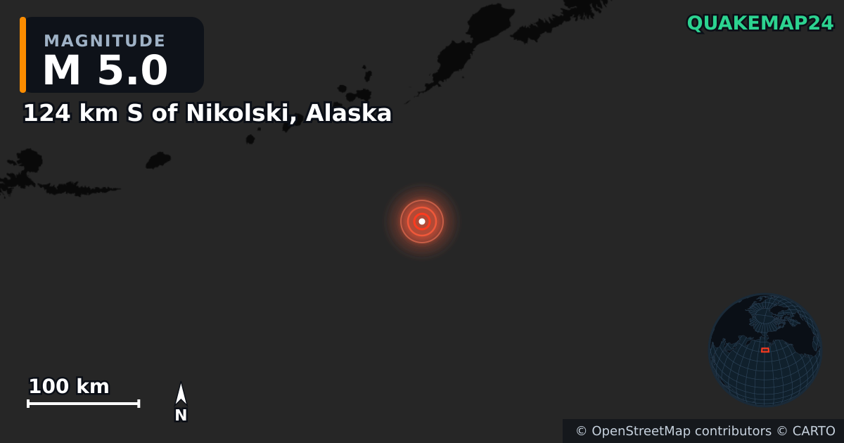 M5.0 earthquake near 124 km S of Nikolski, Alaska on Sep 4, 2025 — map of epicenter and shaking intensity | QuakeMap24