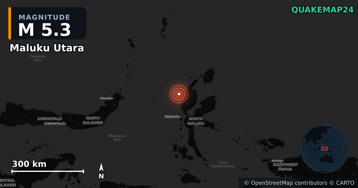 M5.3 earthquake near Maluku Utara on Dec 6, 2025 — map of epicenter and shaking intensity | QuakeMap24