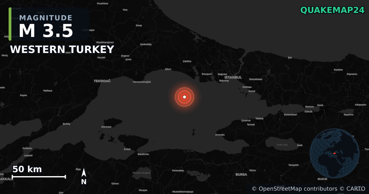M3.5 earthquake near WESTERN TURKEY on Apr 25, 2025 — map of epicenter and shaking intensity | QuakeMap24