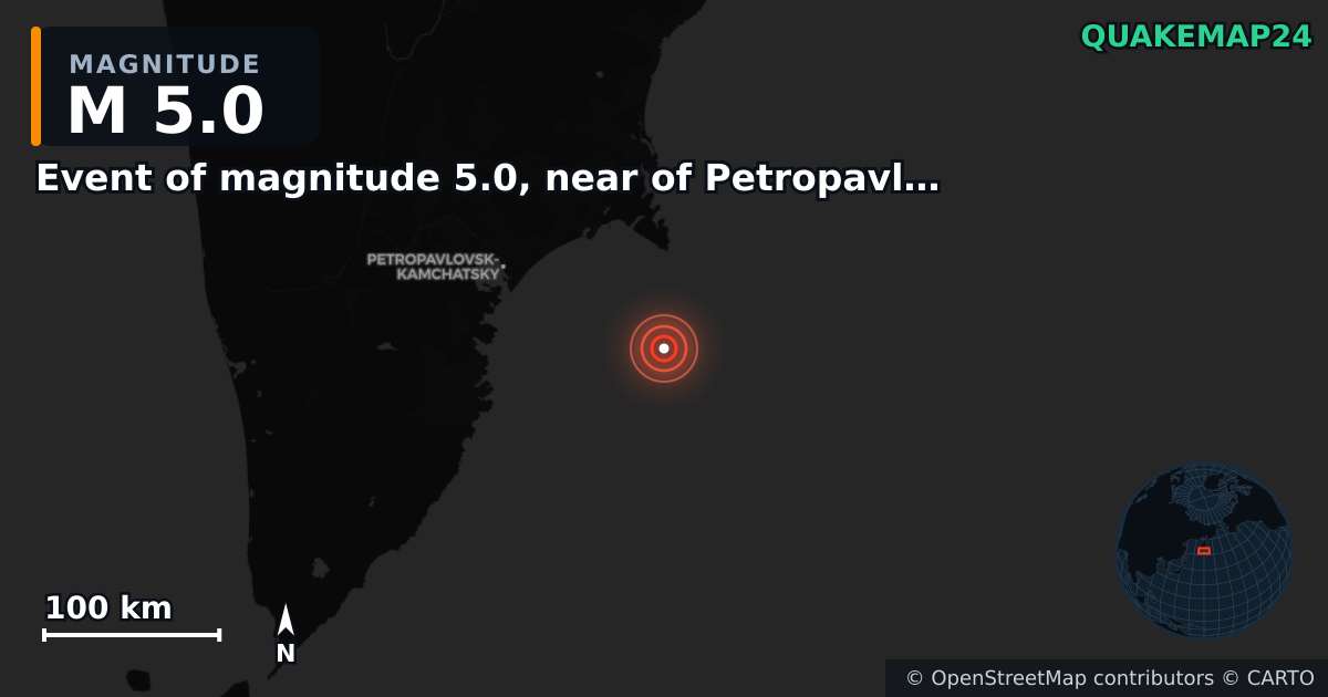 M5.0 earthquake near Event of magnitude 5.0, near of Petropavlovsk Kamchatskiy (Monde) on Sep 18, 2025 — map of epicenter and shaking intensity | QuakeMap24