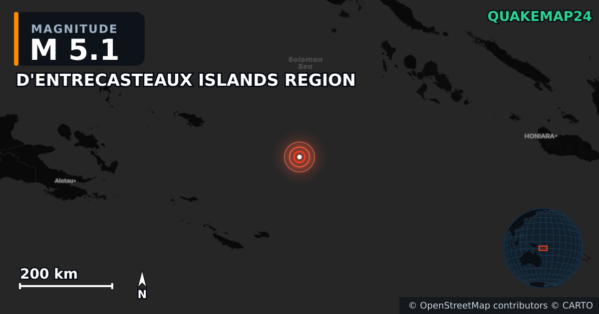 D'ENTRECASTEAUX ISLANDS REGION yakınında M5,1 deprem — Deprem merkez üssünün konumunu gösteren harita