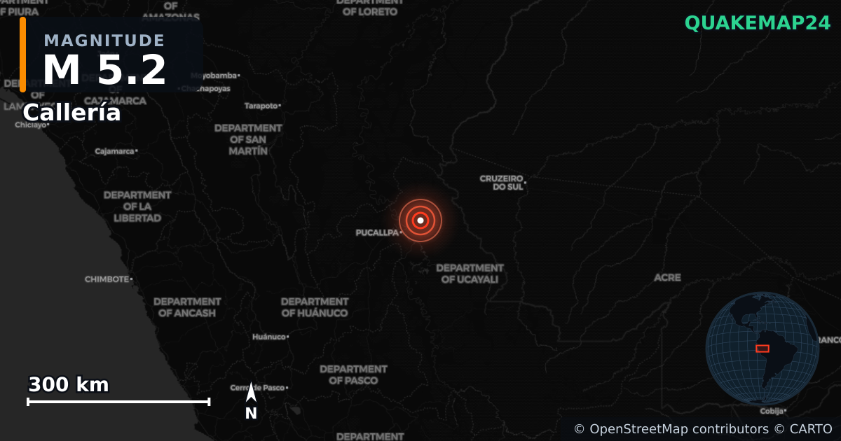 M5.2 earthquake near Callería on Jun 3, 2026 — map of epicenter and shaking intensity | QuakeMap24