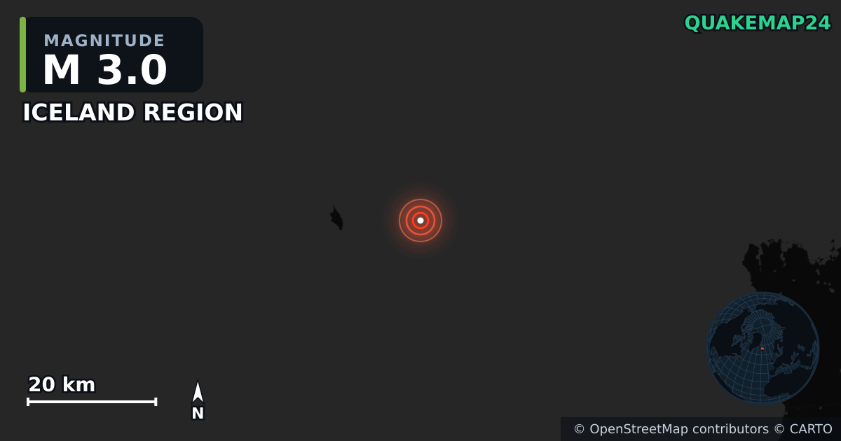 M3.0 earthquake near ICELAND REGION on May 13, 2025 — map of epicenter and shaking intensity | QuakeMap24