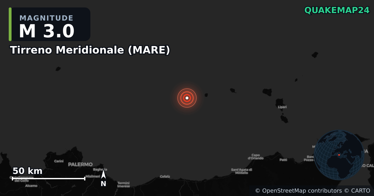 M3.0 earthquake near Tirreno Meridionale (MARE) on Mar 21, 2026 — map of epicenter and shaking intensity | QuakeMap24