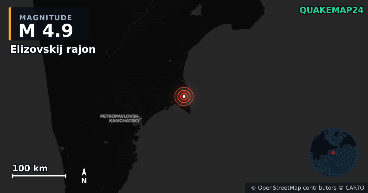 M4.9 earthquake near Elizovskij rajon on Feb 6, 2026 — map of epicenter and shaking intensity | QuakeMap24