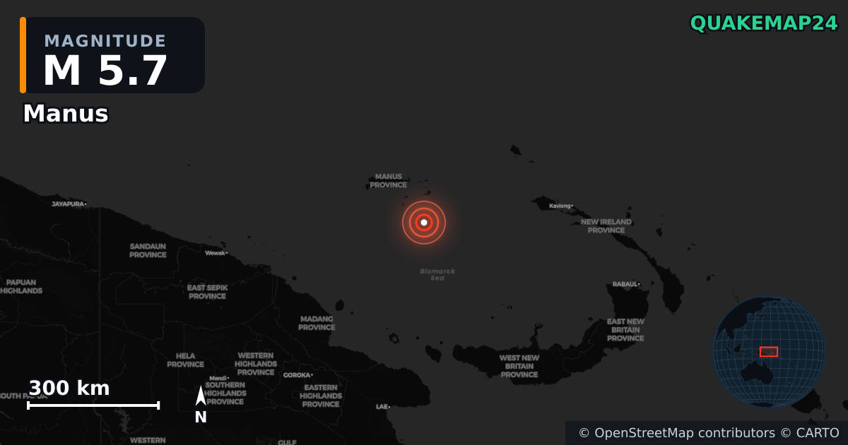 M5.7 earthquake near Manus on May 22, 2026 — map of epicenter and shaking intensity | QuakeMap24
