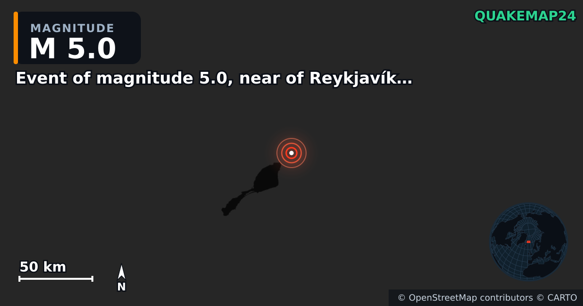 M5.0 earthquake near Event of magnitude 5.0, near of Reykjavík (Monde) on Oct 5, 2025 — map of epicenter and shaking intensity | QuakeMap24