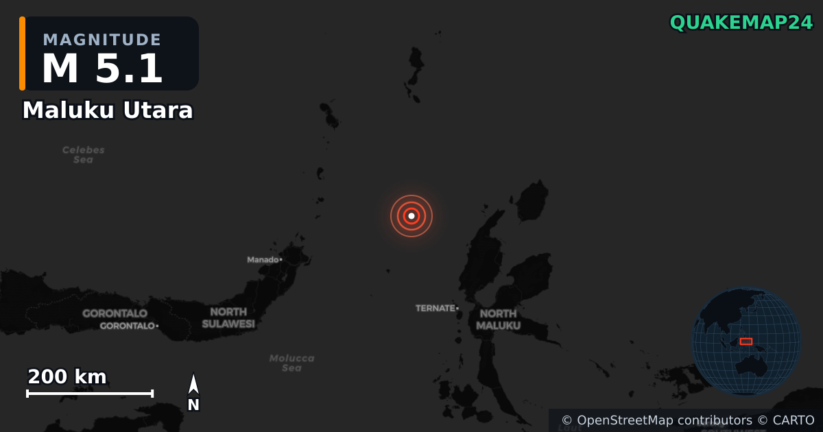M5.1 earthquake near Maluku Utara on May 12, 2025 — map of epicenter and shaking intensity | QuakeMap24