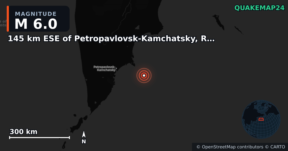 M6.0 earthquake near 145 km ESE of Petropavlovsk-Kamchatsky, Russia on Sep 15, 2025 — map of epicenter and shaking intensity | QuakeMap24