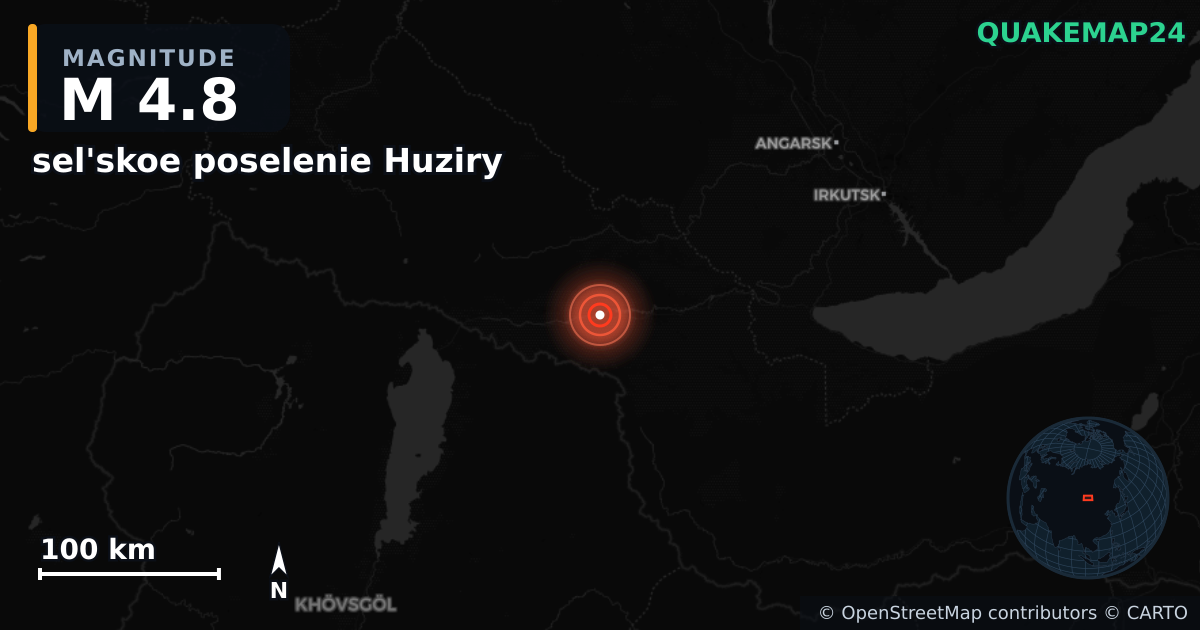 M4.8 earthquake near sel'skoe poselenie Huziry on Jul 13, 2026 — map of epicenter and shaking intensity | QuakeMap24