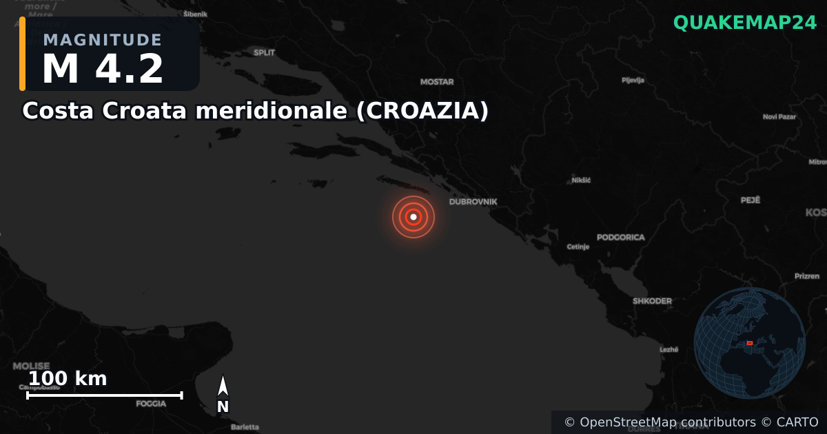 M4.2 earthquake near Costa Croata meridionale (CROAZIA) on Dec 17, 2025 — map of epicenter and shaking intensity | QuakeMap24