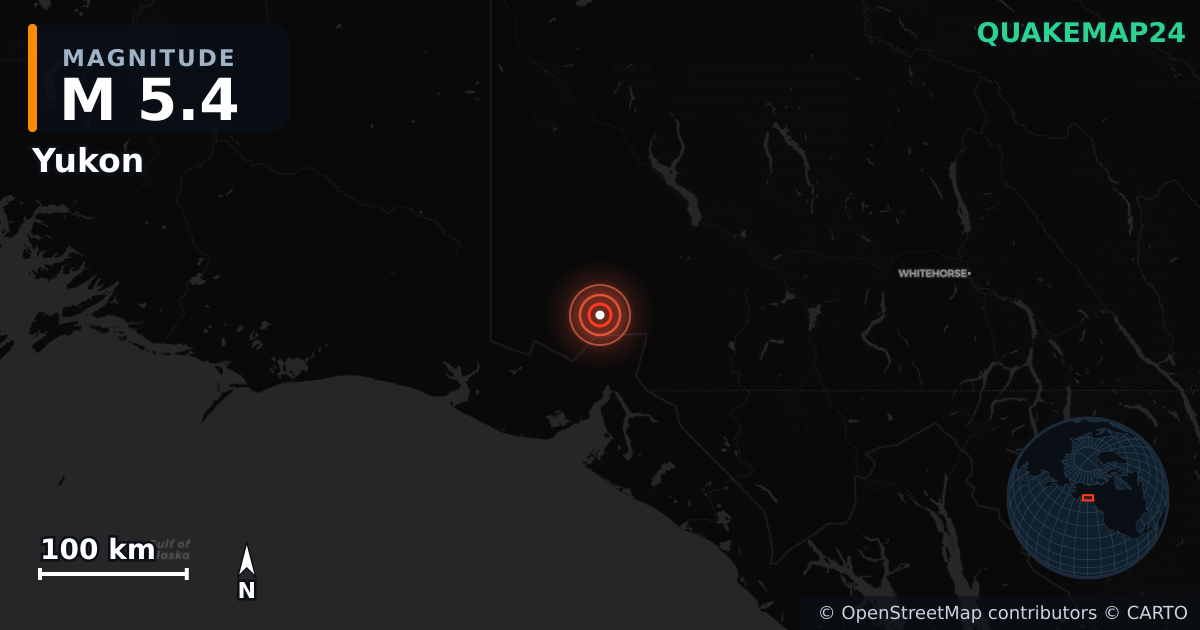 M5.4 earthquake near Yukon on Dec 8, 2025 — map of epicenter and shaking intensity | QuakeMap24