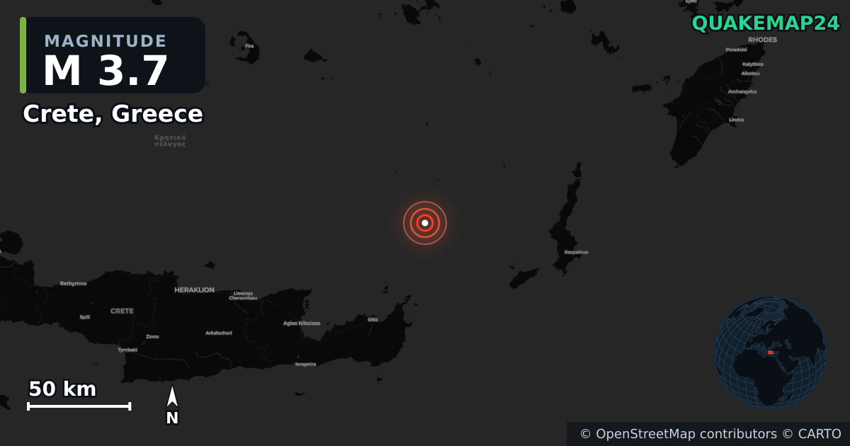 M3.7 earthquake near Crete, Greece on Sep 12, 2025 — map of epicenter and shaking intensity | QuakeMap24