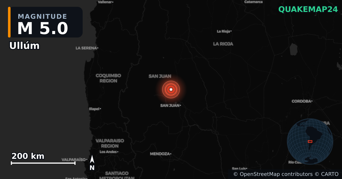 M5.0 earthquake near Ullúm on Jan 15, 2026 — map of epicenter and shaking intensity | QuakeMap24