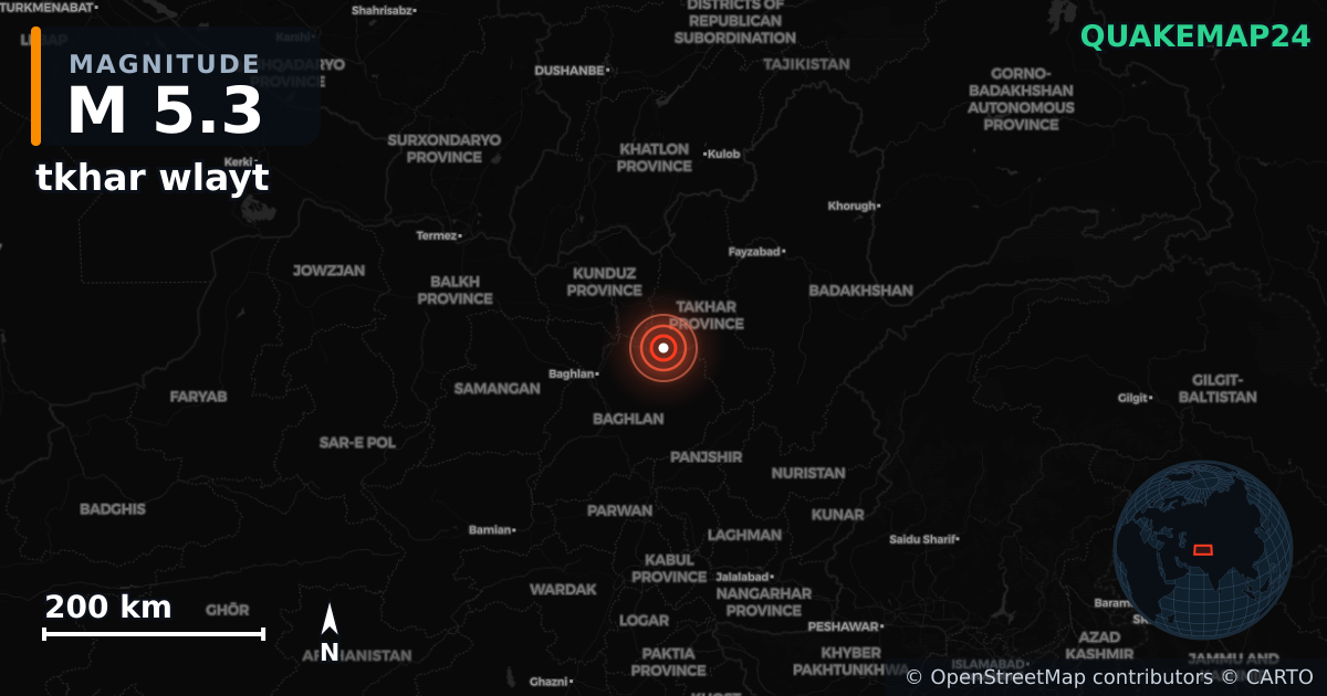 M5.3 earthquake near tkhar wlayt on Dec 19, 2025 — map of epicenter and shaking intensity | QuakeMap24