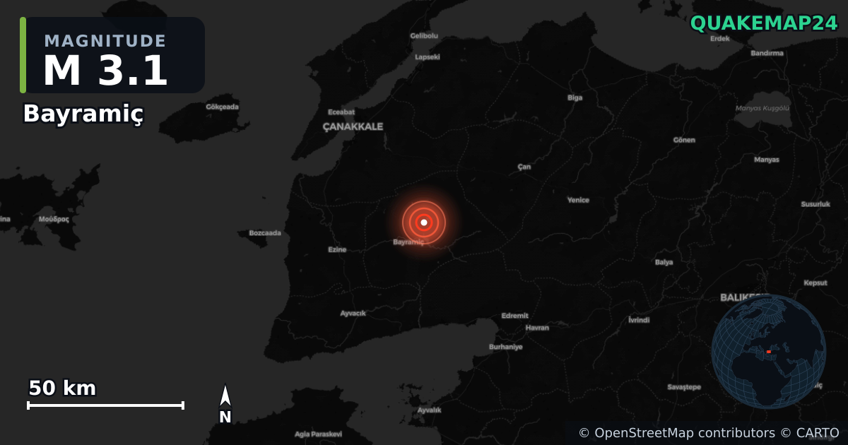 M3.1 earthquake near Bayramiç on Feb 14, 2026 — map of epicenter and shaking intensity | QuakeMap24