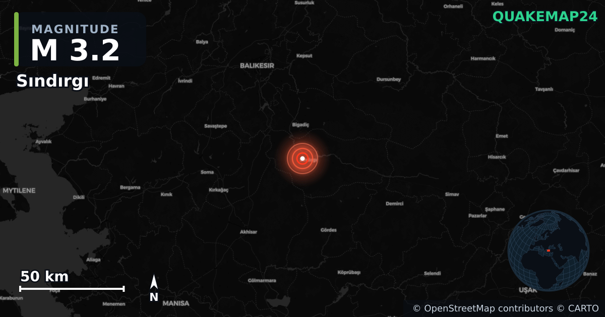 M3.2 earthquake near Sındırgı on Aug 15, 2025 — map of epicenter and shaking intensity | QuakeMap24